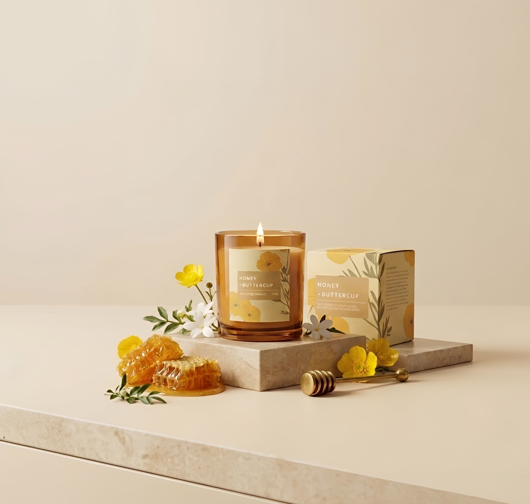 A lit amber glass scented candle styled with honeycomb, flowers and its gift box on a stone plinth