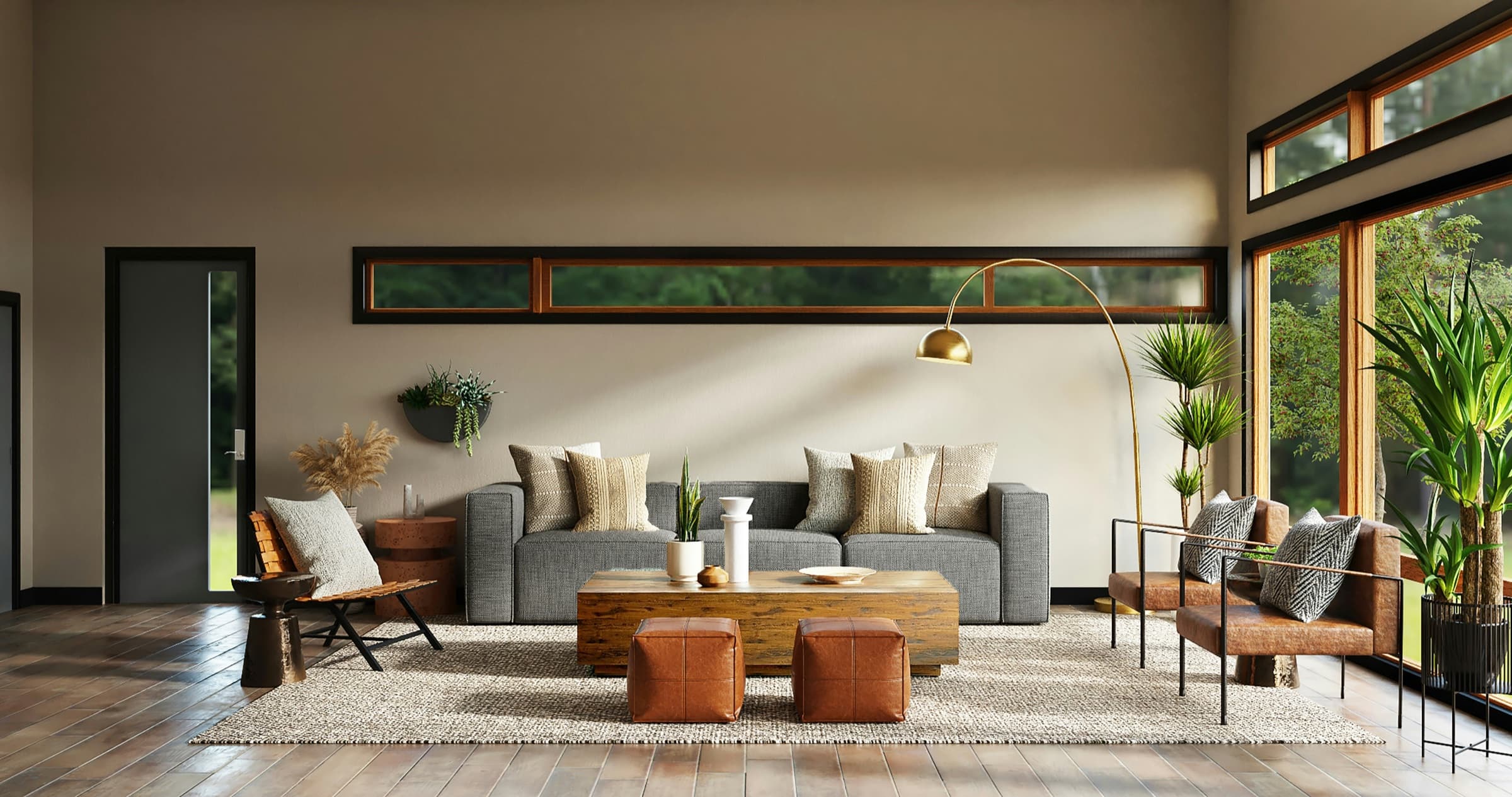 A considered interior with warm wood, sculptural lighting and layered natural textures