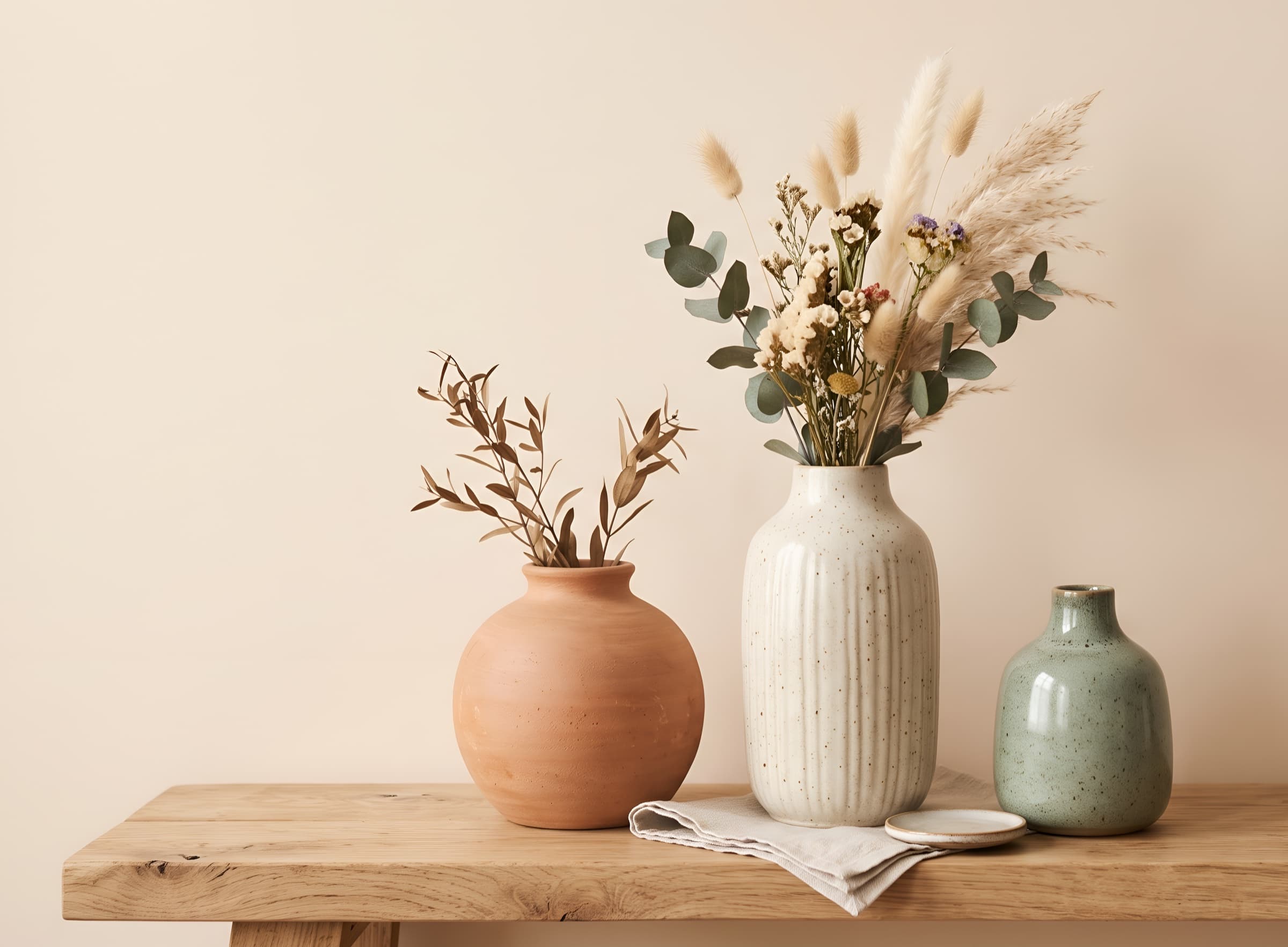 Three stoneware vases in terracotta, speckled white and sage on a wooden table with dried stems